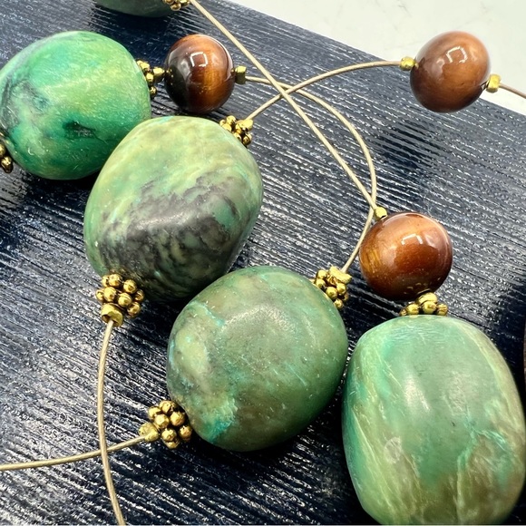 Artisan gemstone necklace chunky heavy brown & green stone beads 25” - Picture 9 of 11